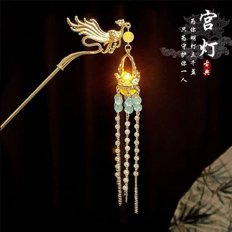 Luminous Flower Hairpin For Women Creative Lotus Emit Light Lantern Tassel Hair Stick Vintage Chinese Style Metal Hair Accessory