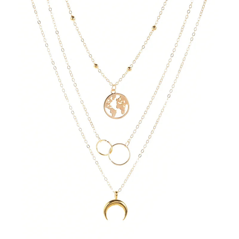 New Fashion Retro Moon World Map Circle Pendant Multilayer Gold Color Necklace Party Charm Jewelry Accessories For Women Gift