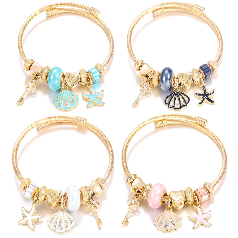 New Trendy 4 Colors Heart Shape Painted Pendant Closure Beaded Bracelet Golden Stainless Steel Women Bracelet 2025 Charm Jewelry