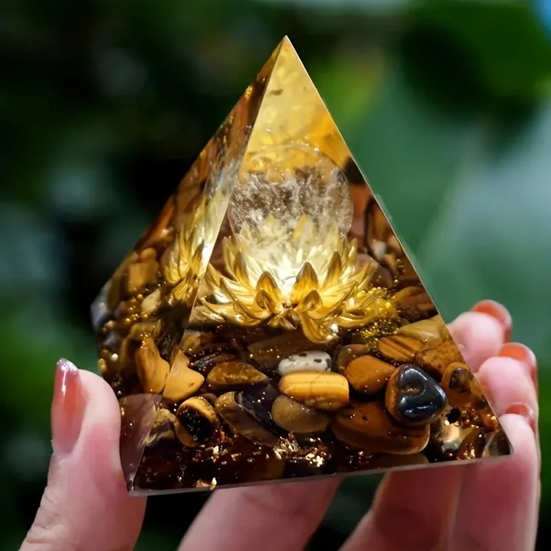 1PC Clear Crystal Tiger Eye Lotus Symbol Orgone Pyramid With Positive Energy And Guidance - Tiger Eye Lotus Symbol Orgone
