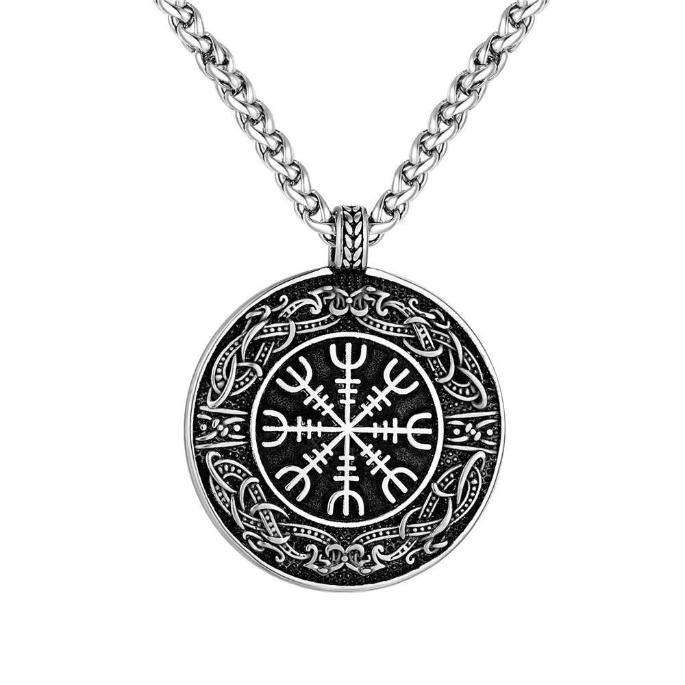 Vintage Ouroboros Vikings Rune Compass Necklace Men Norse Amulet Stainless Steel Pendant Genuine Leather Chain Icelandic Jewelry