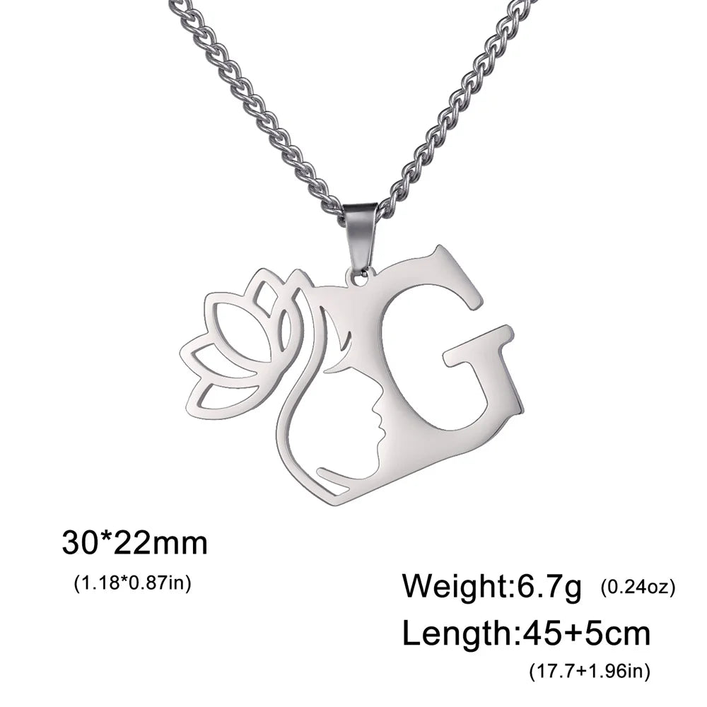 My Shape Beauty Lotus Flower Initials Necklace Women Girl Gifts Stainless Steel Letter Alphabet Pendants Choker Fashion Jewelry