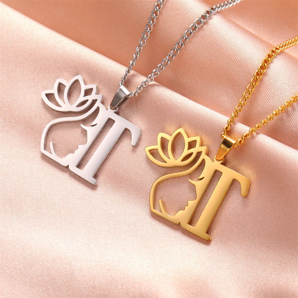 My Shape Beauty Lotus Flower Initials Necklace Women Girl Gifts Stainless Steel Letter Alphabet Pendants Choker Fashion Jewelry