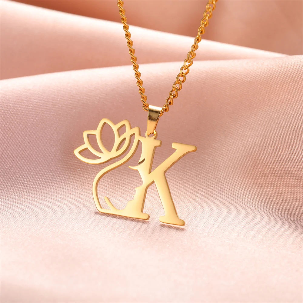 My Shape Beauty Lotus Flower Initials Necklace Women Girl Gifts Stainless Steel Letter Alphabet Pendants Choker Fashion Jewelry