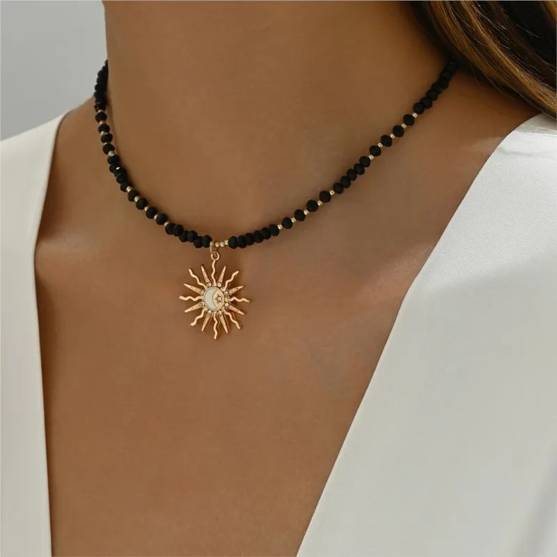 Vintage Golden-Toned Sun Pendant Necklace for Women Elegant Turquoise Beads Chain Choker Neck Statement Party Jewelry Gifts