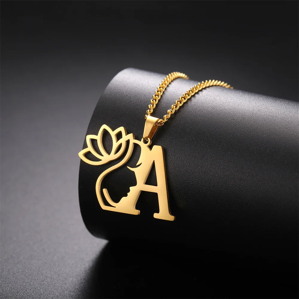 My Shape Beauty Lotus Flower Initials Necklace Women Girl Gifts Stainless Steel Letter Alphabet Pendants Choker Fashion Jewelry