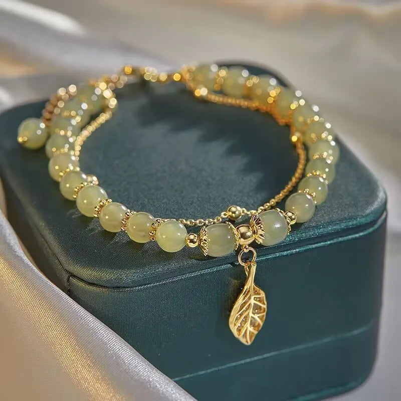 2026Chinese Style Green Jade Bracelet For Women Exquisite Gold Color Leaves Wrist Strap Bangle Double Chain Bracelet Girls Gifts