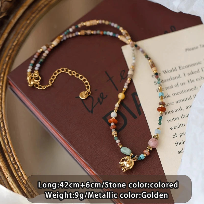 French Retro Colored Natural Stone Beads Chain Metal Elephant Pendant Necklace 2025 Trendy Jewelry Elegant Accessory For Women