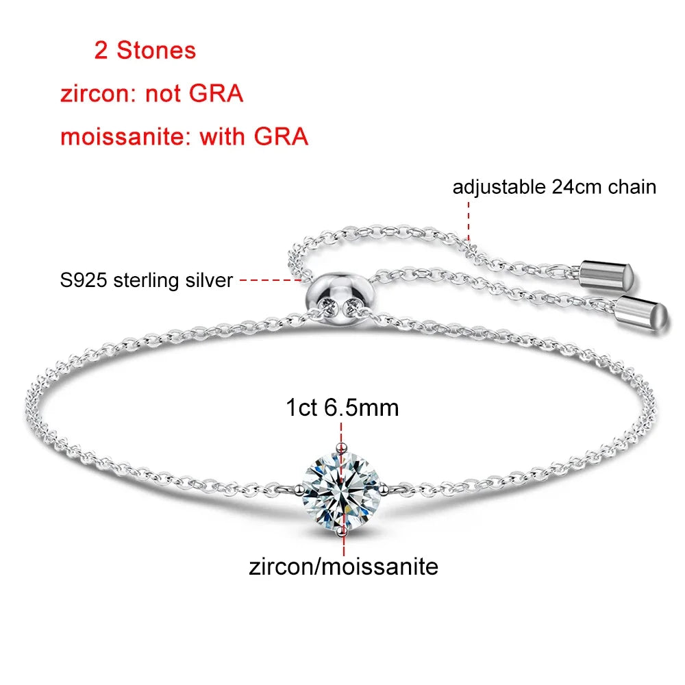 Certified 1CT Moissanite Bracelet for Women Real S925 Silver Classic Round Lab Diamond Charm Hand Chain Adjustable Jewelry Gifts