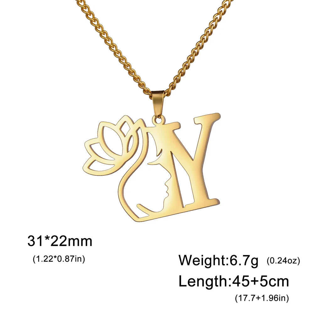 My Shape Beauty Lotus Flower Initials Necklace Women Girl Gifts Stainless Steel Letter Alphabet Pendants Choker Fashion Jewelry