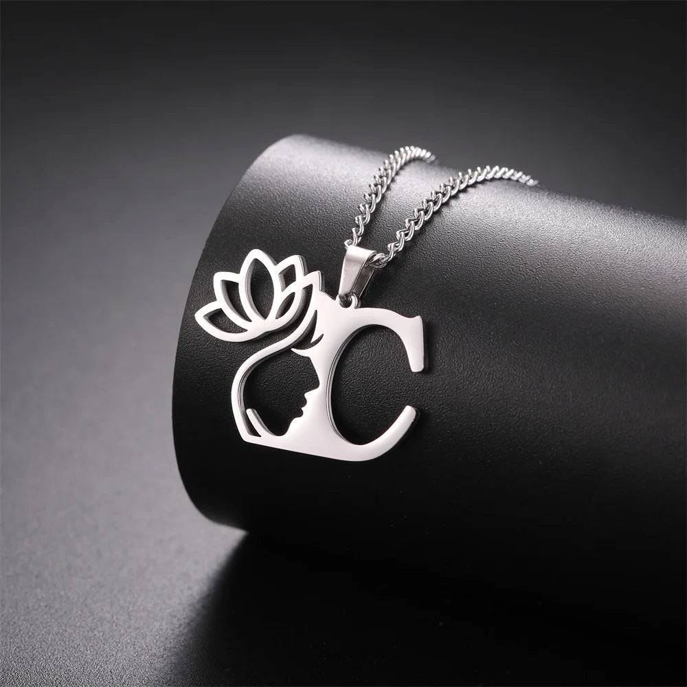 My Shape Beauty Lotus Flower Initials Necklace Women Girl Gifts Stainless Steel Letter Alphabet Pendants Choker Fashion Jewelry