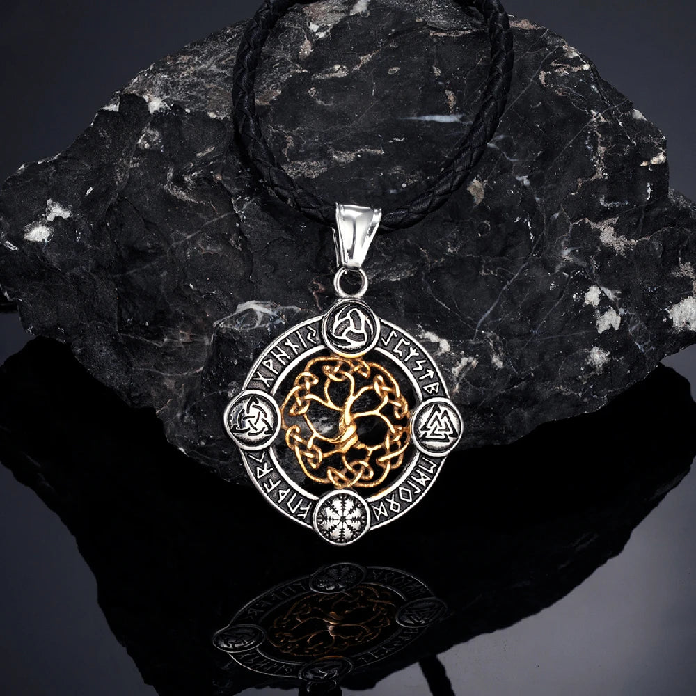 Never Fade Norse Rune Life Tree Necklace Men Gold Color Stainless Steel Pendant Valknut Trinity Male Lucky Amulet Viking Jewelry