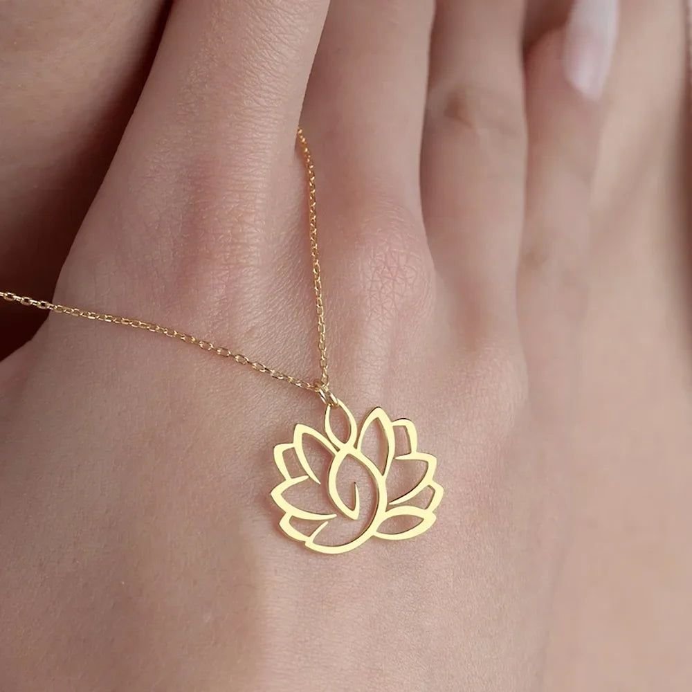 Stainless Steel Necklace Yoga Lotus Flower Necklaces Adjustable Chains Pendant Women Buddhist Religious Jewelry Party Gifts