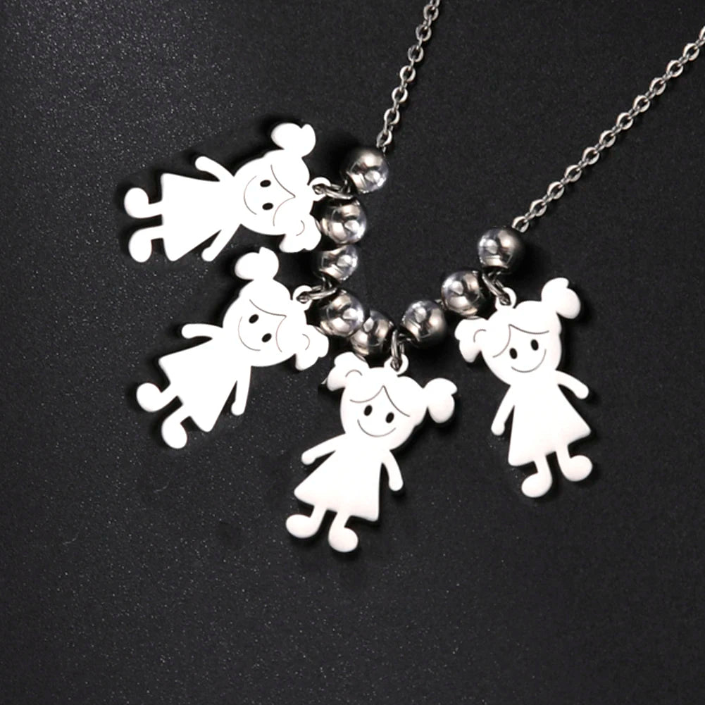 Necklace with white cartoon-like figures on a black background
