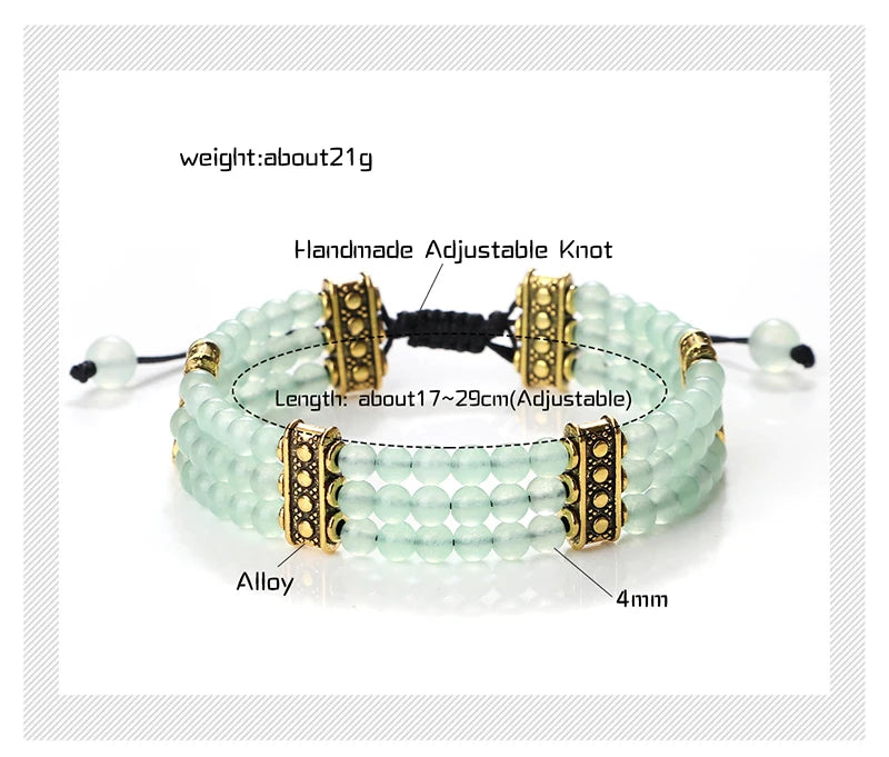 Green beaded bracelet with gold accents and adjustable knot on a white background