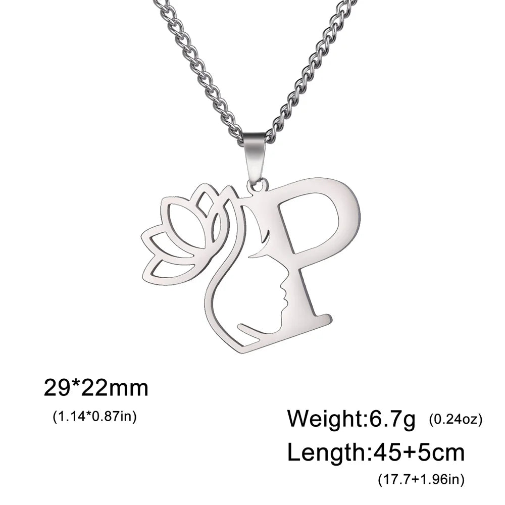 My Shape Beauty Lotus Flower Initials Necklace Women Girl Gifts Stainless Steel Letter Alphabet Pendants Choker Fashion Jewelry