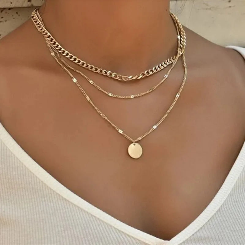 New Fashion Retro Moon World Map Circle Pendant Multilayer Gold Color Necklace Party Charm Jewelry Accessories For Women Gift