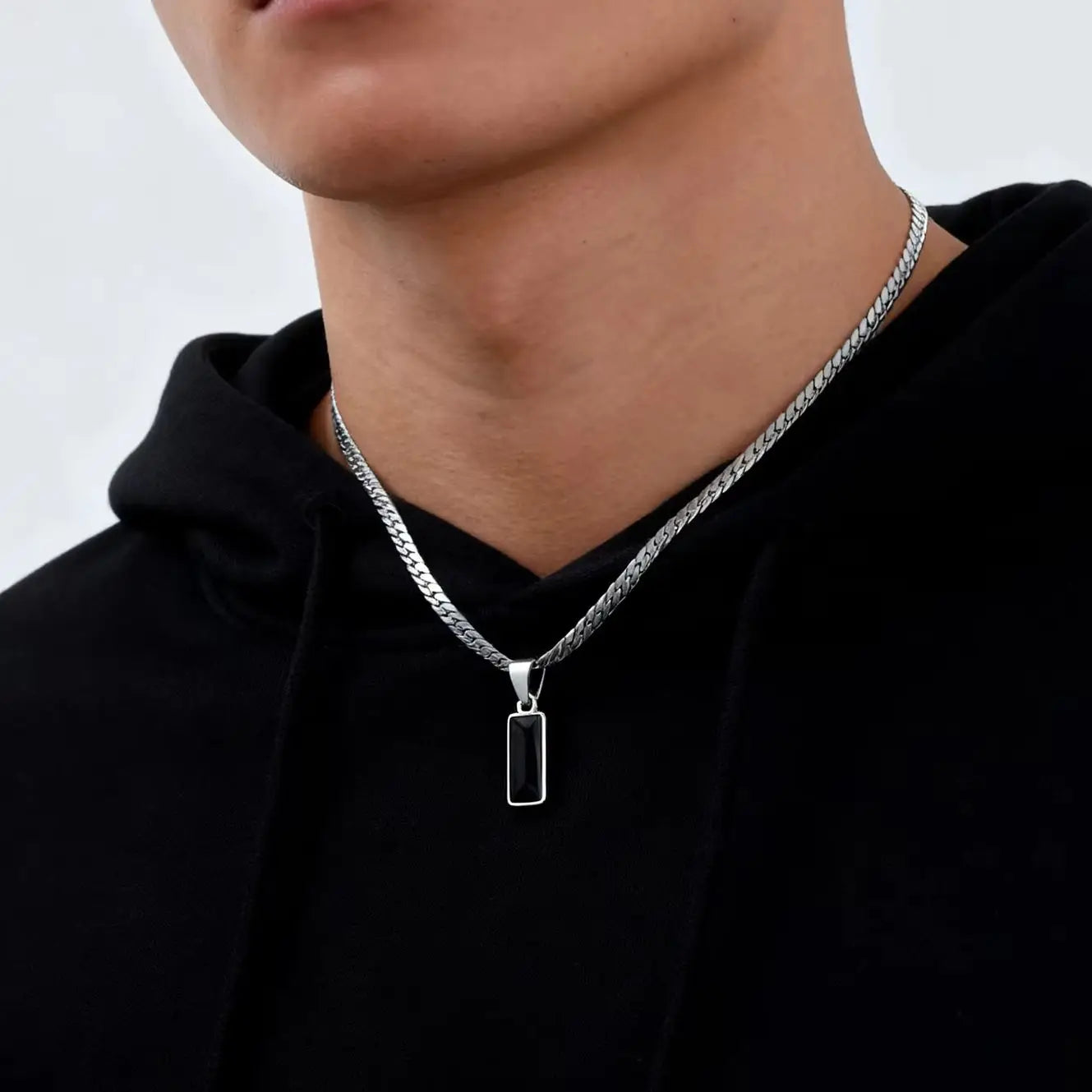 Stylish Mens Geometric Stone Pendent Necklaces,Stainless Steel Flat Cuban Chain Collars,Hip Hop Jewelry Gifts for Him Boys