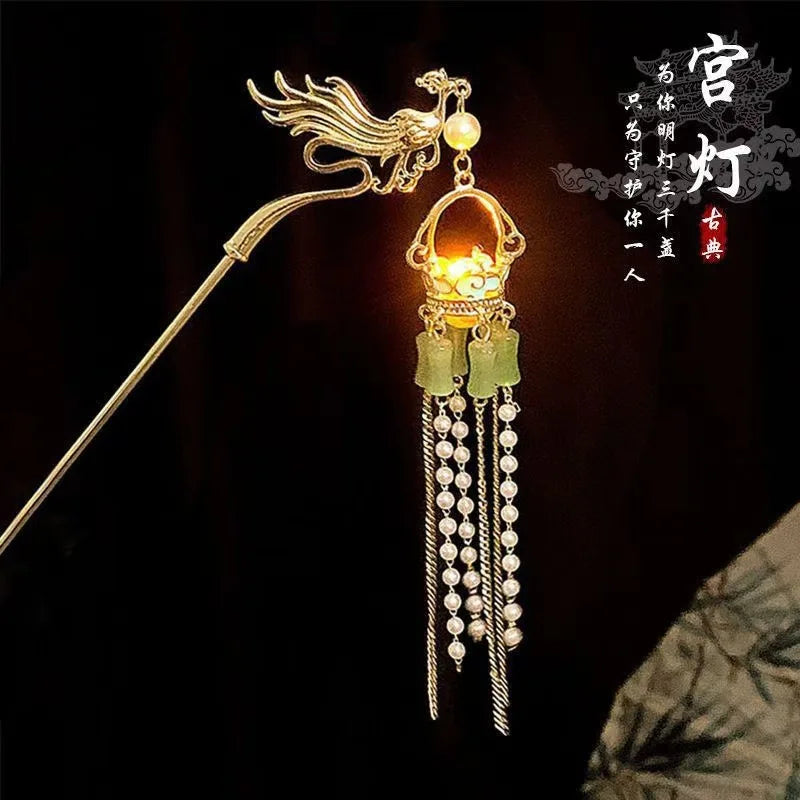 Luminous Flower Hairpin For Women Creative Lotus Emit Light Lantern Tassel Hair Stick Vintage Chinese Style Metal Hair Accessory