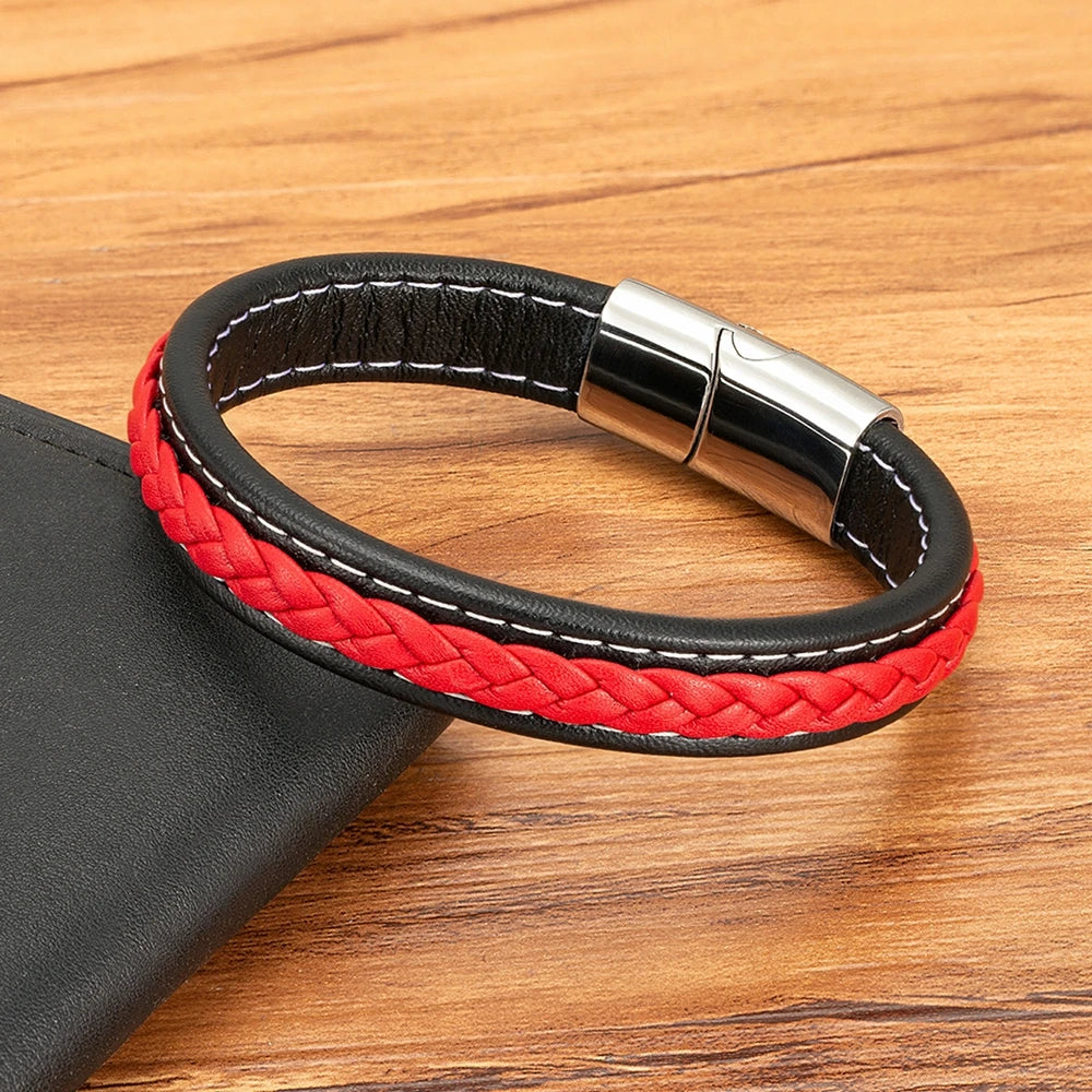 XQNI Black & Red Braided Rope Leather Bracelet Men Stainless Steel Charm Jewelry Bangle for Friend Couple Birthday New Year Gift