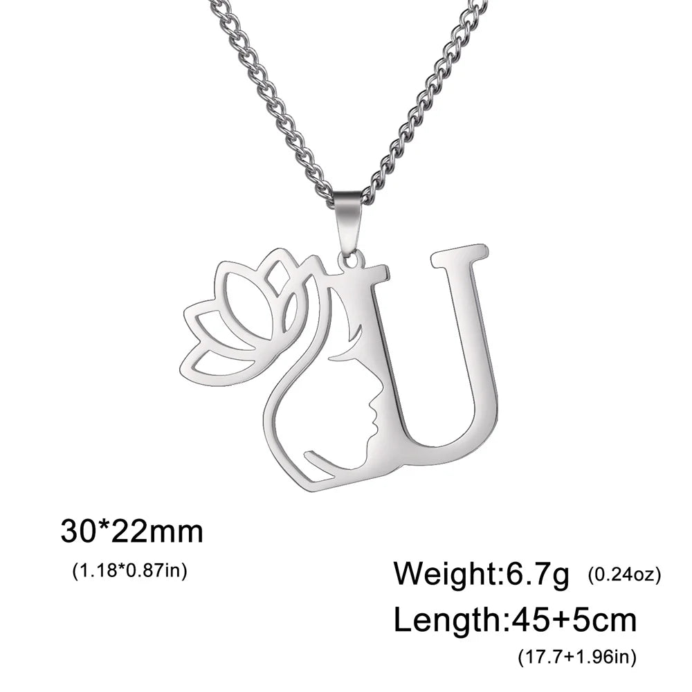 My Shape Beauty Lotus Flower Initials Necklace Women Girl Gifts Stainless Steel Letter Alphabet Pendants Choker Fashion Jewelry