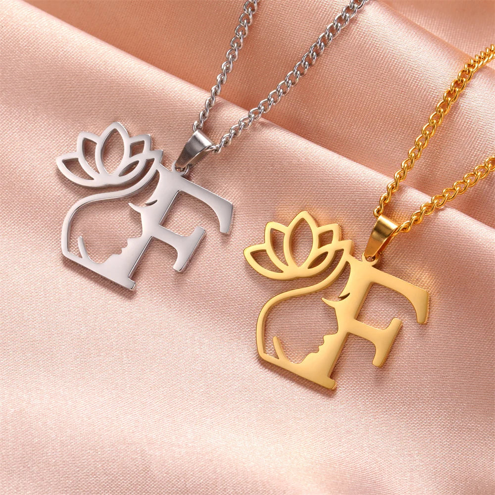 My Shape Beauty Lotus Flower Initials Necklace Women Girl Gifts Stainless Steel Letter Alphabet Pendants Choker Fashion Jewelry