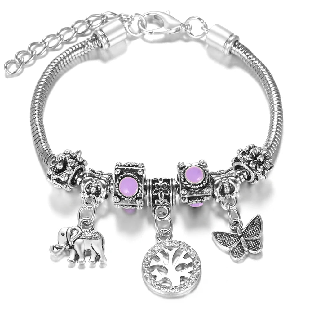 Multi Style Rhinestone 6 Color Beaded Bangle Lobster Buckle Adjustable Snake Chain Elephant Bracelet Pendant Woman Jewelry Gift