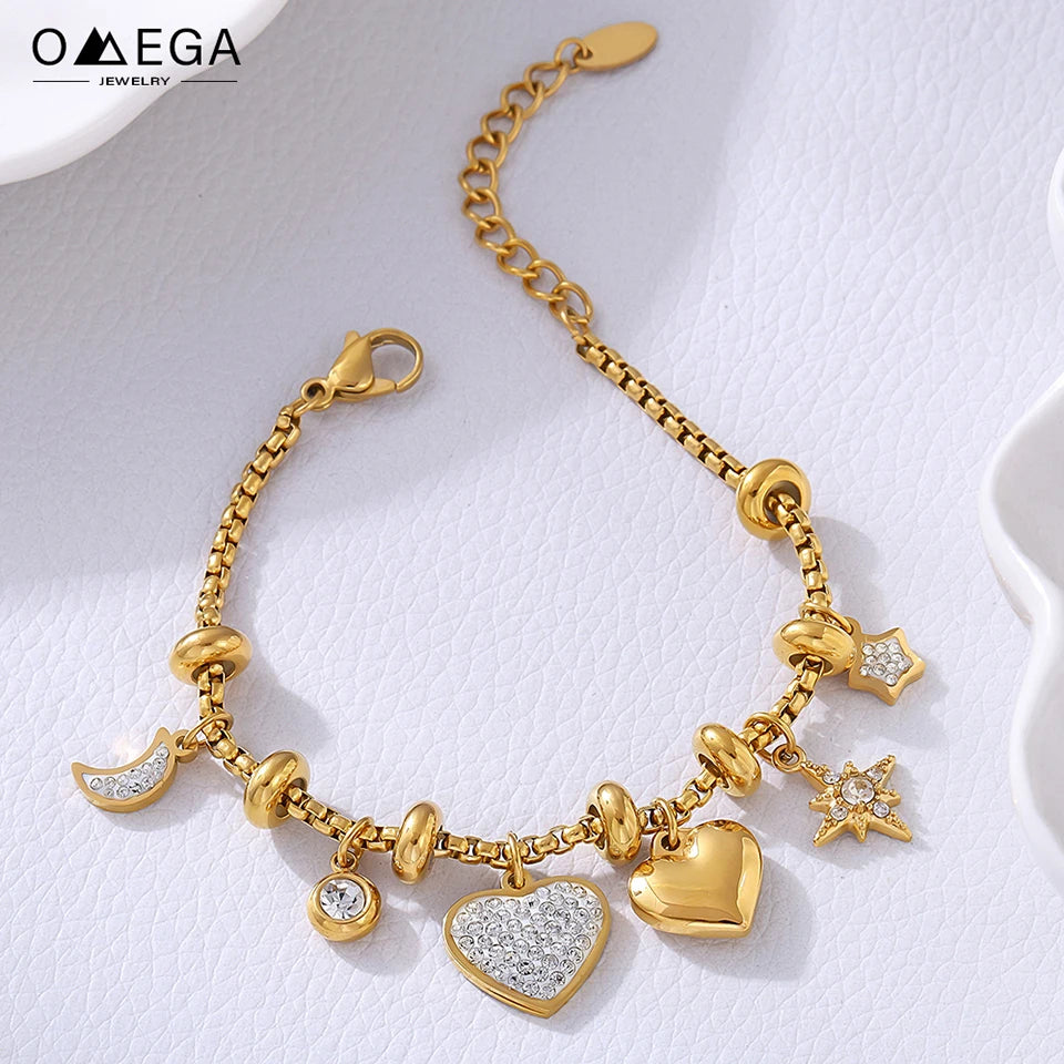 316L Stainless Steel Heart Charm Bracelets For Women 18k Gold Plated Various Pendants With Shining Zircon Women's Hand Bracelet