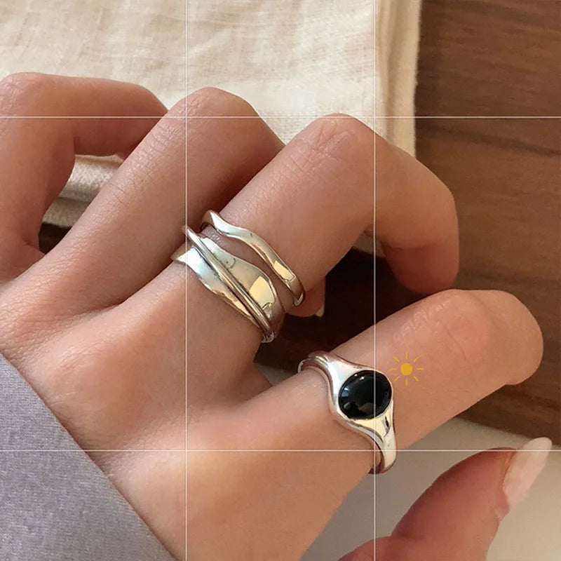925 Sterling Silver plated Liquid Lava Hetian Jade Bamboo Ring for Women Girl Gift Irregular Vintage Jewelry Dropshipping
