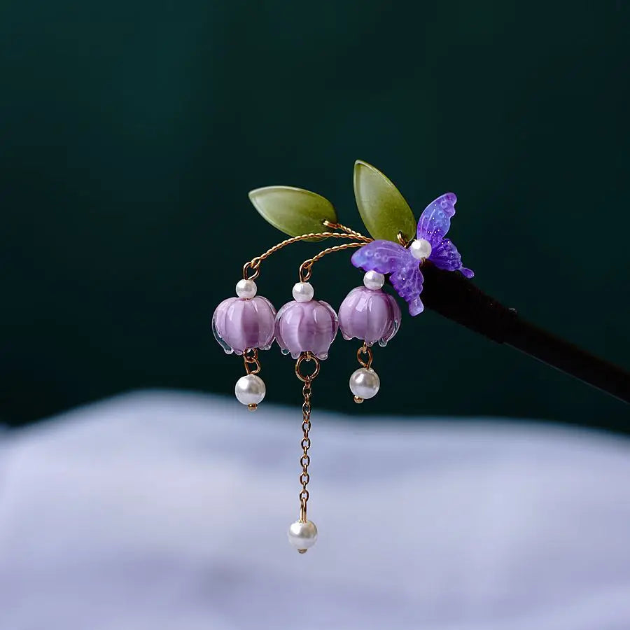 Ancient Style Magnolia Hairpin Artificial Transparent Glass Flower Tassel Hair Stick Wooden Simple Updo Hairpin New Year Gifts