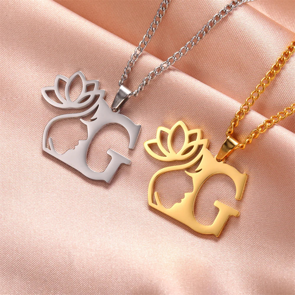 My Shape Beauty Lotus Flower Initials Necklace Women Girl Gifts Stainless Steel Letter Alphabet Pendants Choker Fashion Jewelry