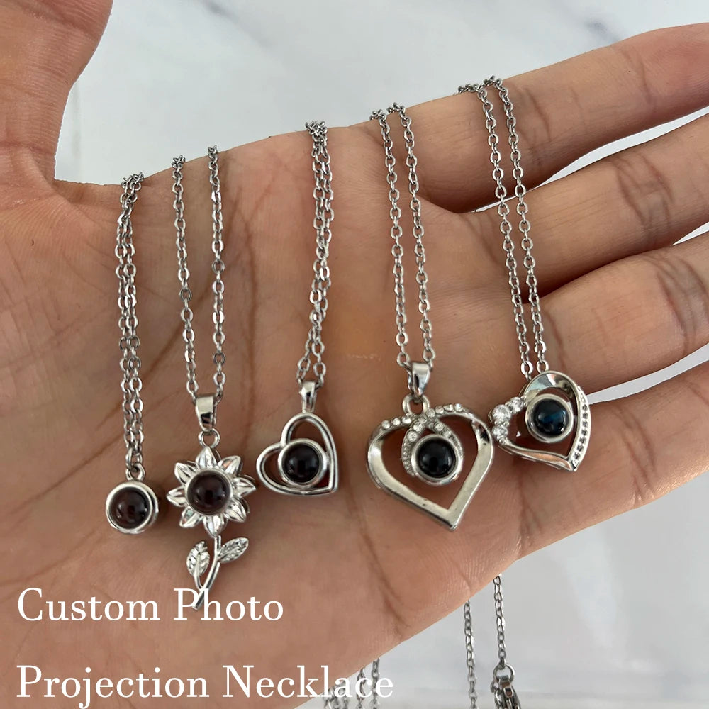 Custom Photo Projection Necklace Stainless Steel Chain Heart Flower Start Pendant DIY Picture Inside Couple Family Necklace
