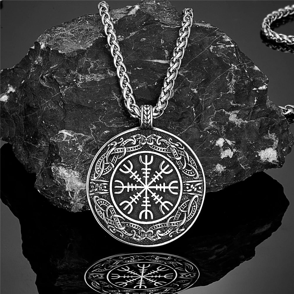 Vintage Ouroboros Vikings Rune Compass Necklace Men Norse Amulet Stainless Steel Pendant Genuine Leather Chain Icelandic Jewelry