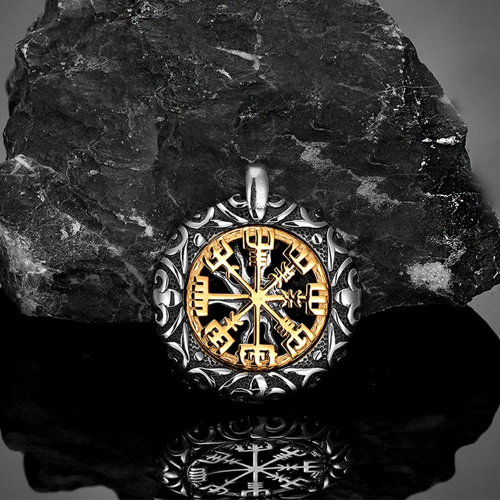 Retro Men Norse Rune Bead Compass Necklace Gold Color Hollow Out Sun Pendant Stainless Steel Vegvisir Amulet Male Viking Jewelry