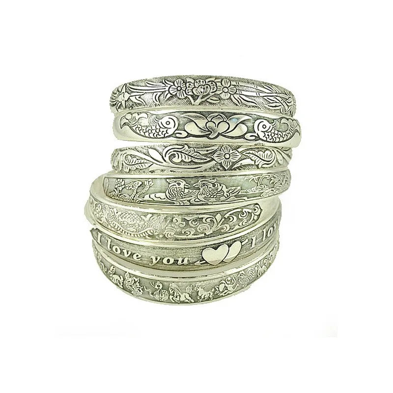 New Retro Cuff Bracelets Tibetan Silver Metal Carving Fish Elephant Flower Bangles Vintage Gypsy Jewelry Female Gifts