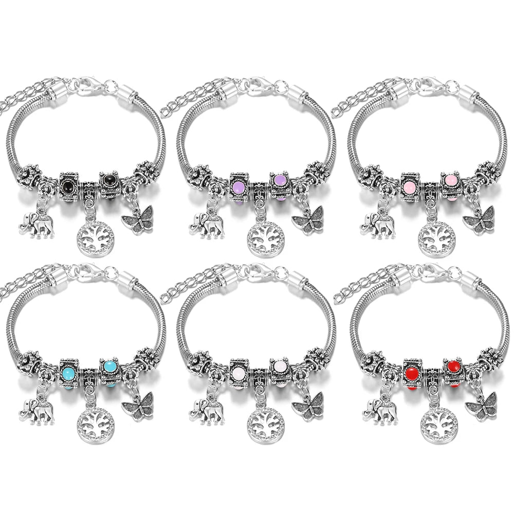 Multi Style Rhinestone 6 Color Beaded Bangle Lobster Buckle Adjustable Snake Chain Elephant Bracelet Pendant Woman Jewelry Gift