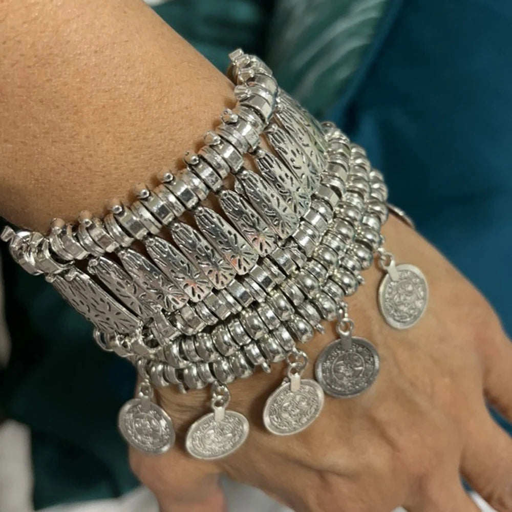 Vintage Silvery Golden Coins Bracelet for Women Men Boho Hippie Beach Party Afghan Turkish Marseille Ethnic Bracelets Jewelry