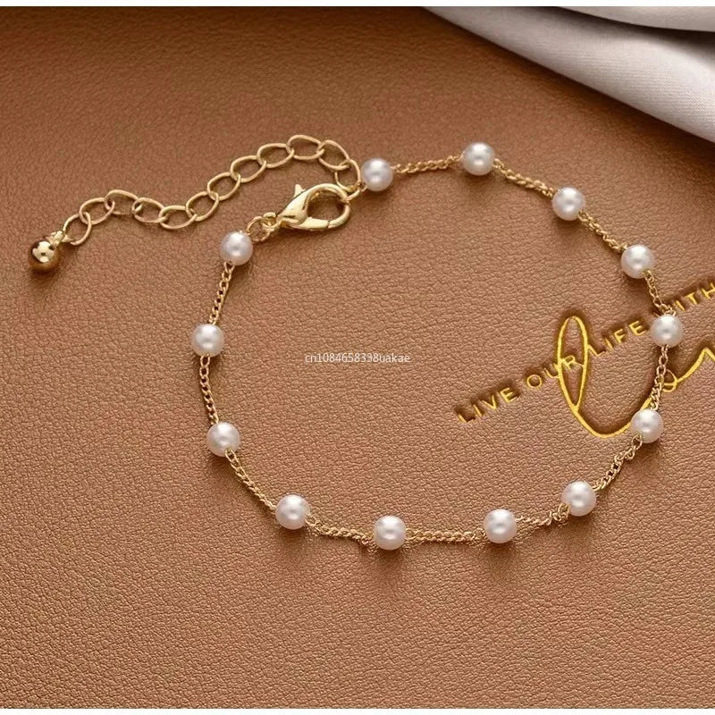Simple Elegant Imitation Pearl Bracelets Golden Color Beads Chain for Womens Goth Chain Bracelet Bangles Trend Jewelry Gifts