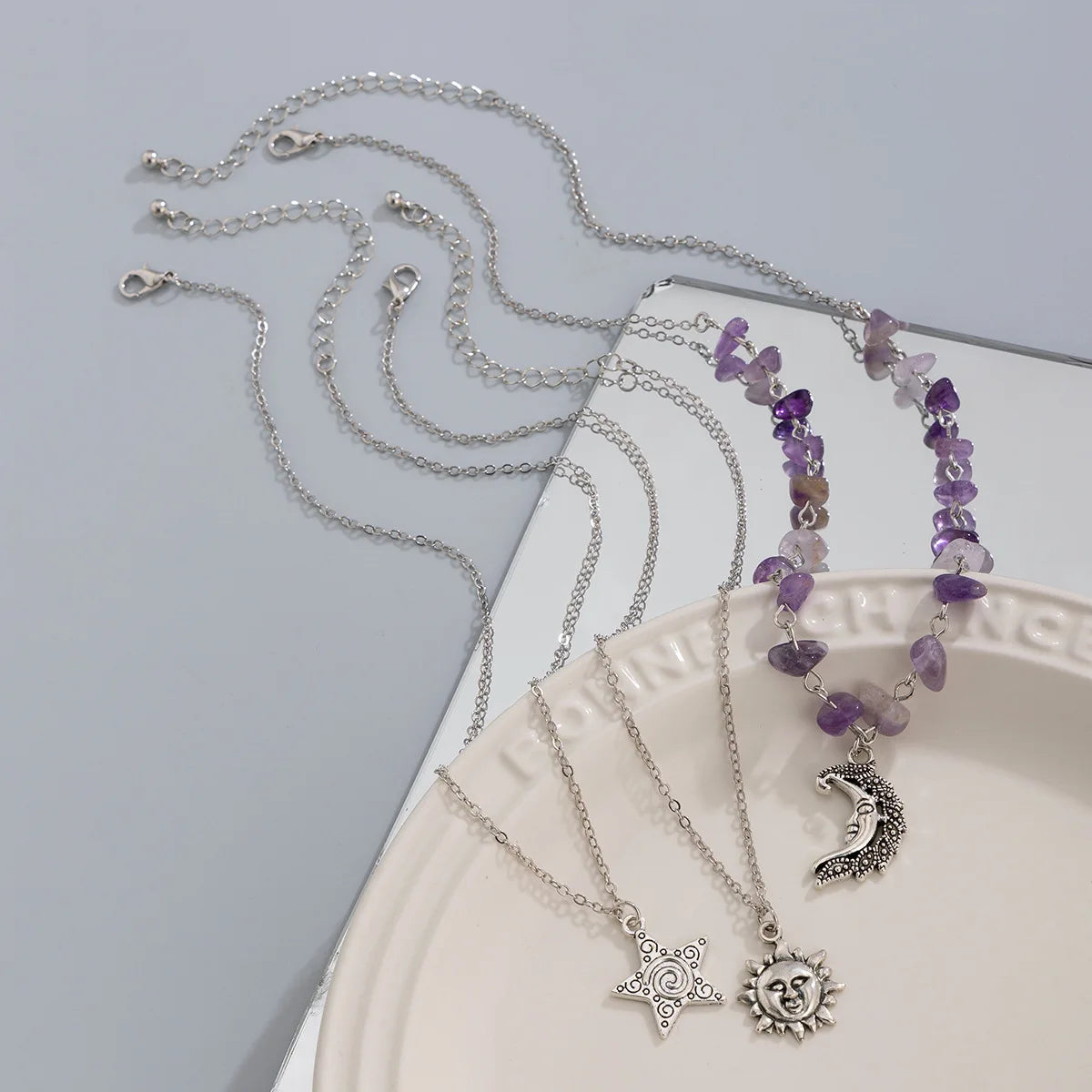 Retro Moon, Sun, Star Pendant Necklace 2024 Women's Multi layer Gold Color Metal Colored Stone Weaving Girls' Fashion Jewelry