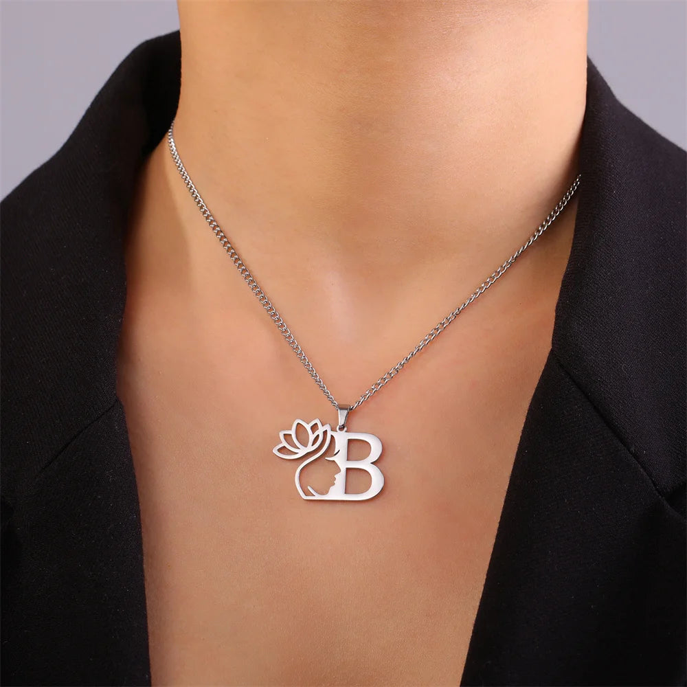 My Shape Beauty Lotus Flower Initials Necklace Women Girl Gifts Stainless Steel Letter Alphabet Pendants Choker Fashion Jewelry