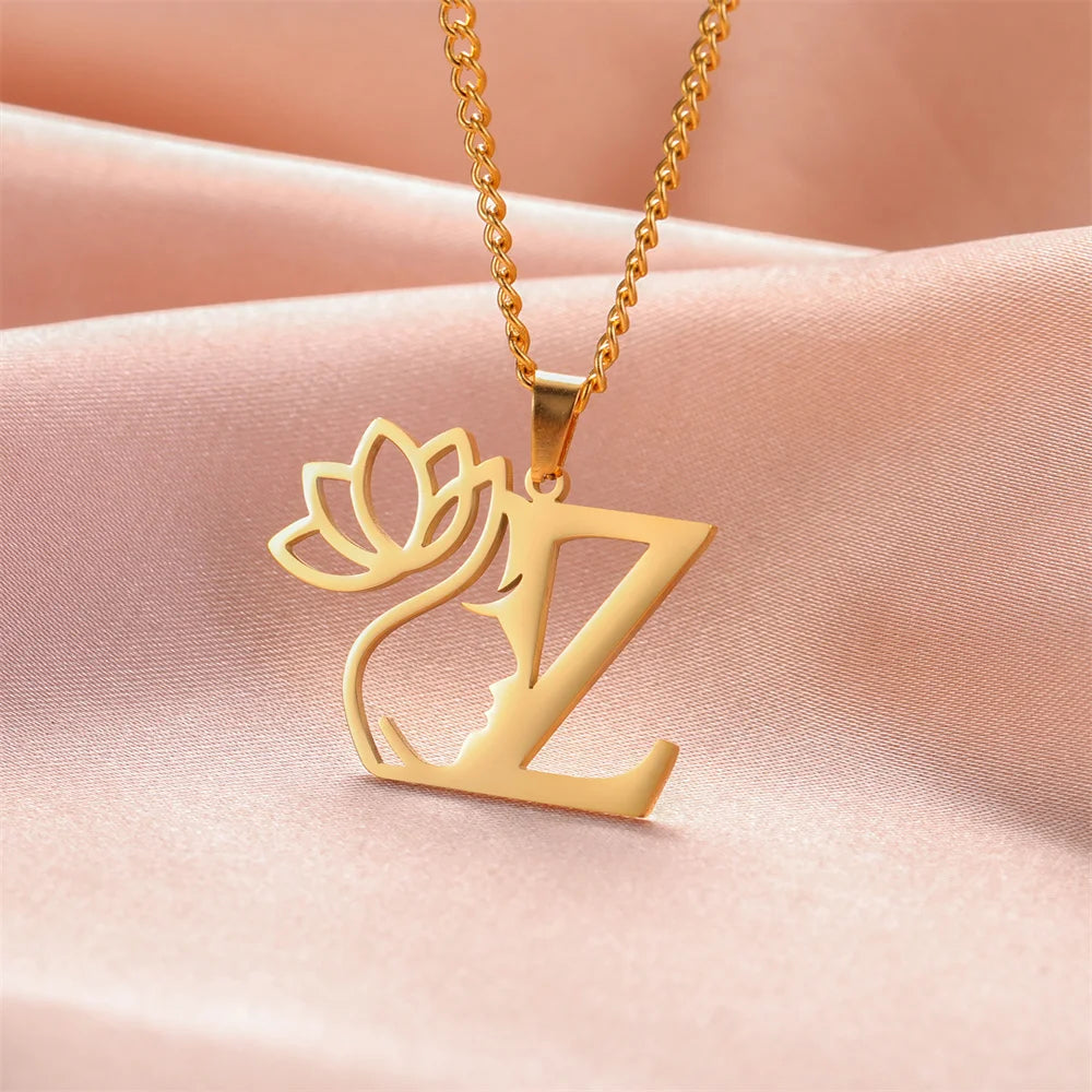 My Shape Beauty Lotus Flower Initials Necklace Women Girl Gifts Stainless Steel Letter Alphabet Pendants Choker Fashion Jewelry