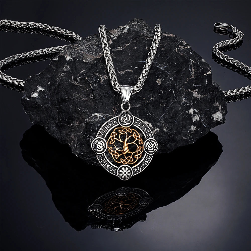 Never Fade Norse Rune Life Tree Necklace Men Gold Color Stainless Steel Pendant Valknut Trinity Male Lucky Amulet Viking Jewelry