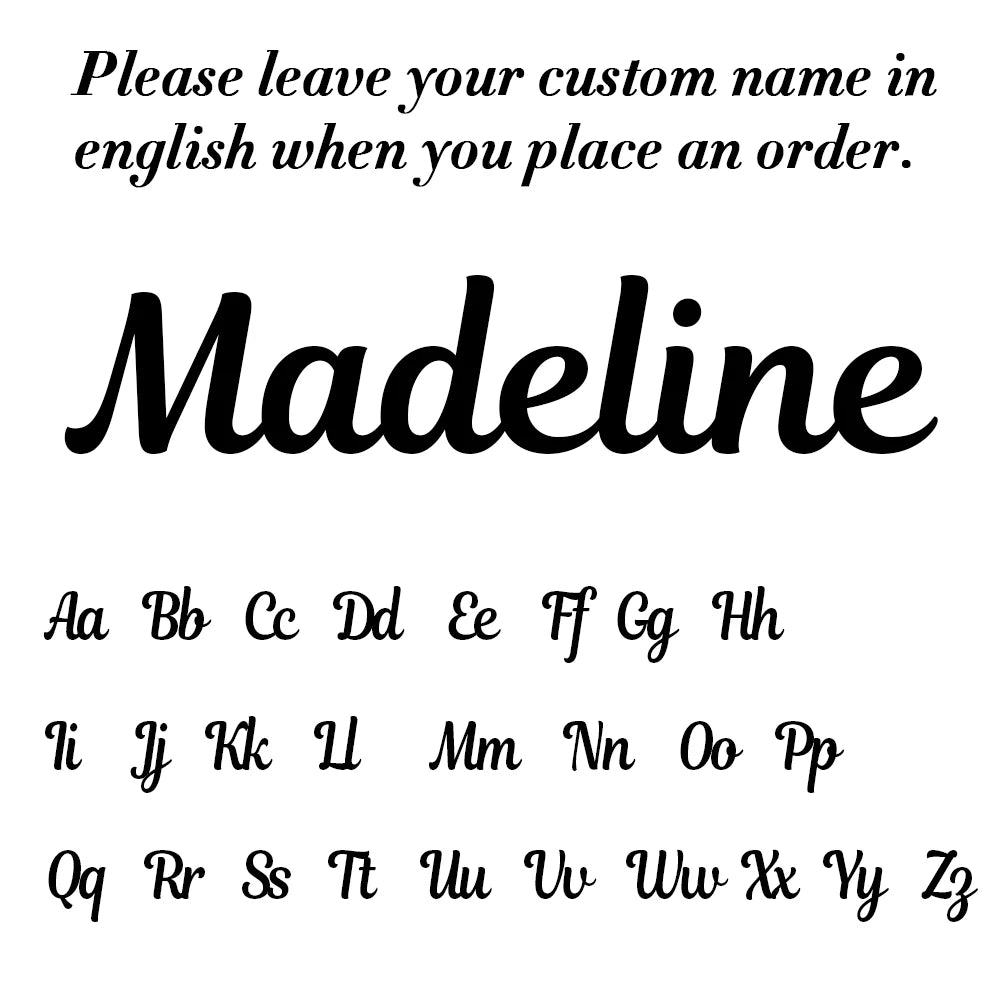 Text with the name 'Madeline' and a range of letters on a white background
