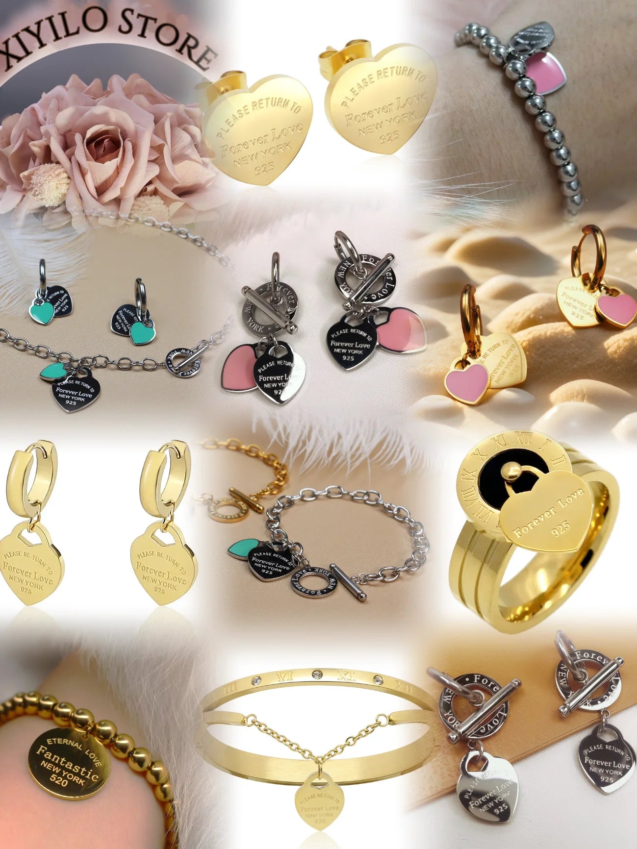 XB999 Hot Classic Stainless Steel Gold Color Bracelets & Bangles Wholesale Jewelry Fine Double Peach Heart Love Bracelets Female