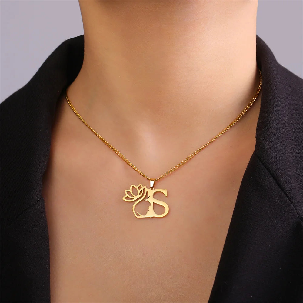 My Shape Beauty Lotus Flower Initials Necklace Women Girl Gifts Stainless Steel Letter Alphabet Pendants Choker Fashion Jewelry