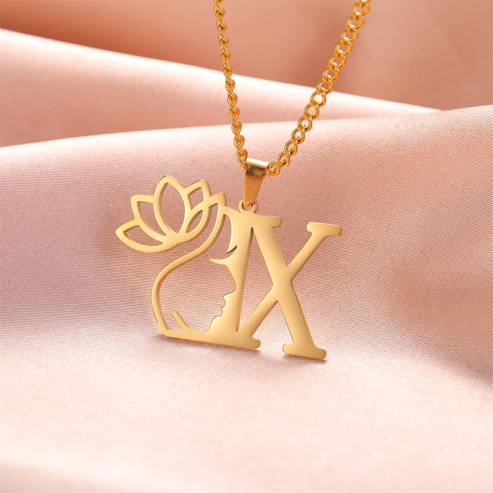My Shape Beauty Lotus Flower Initials Necklace Women Girl Gifts Stainless Steel Letter Alphabet Pendants Choker Fashion Jewelry