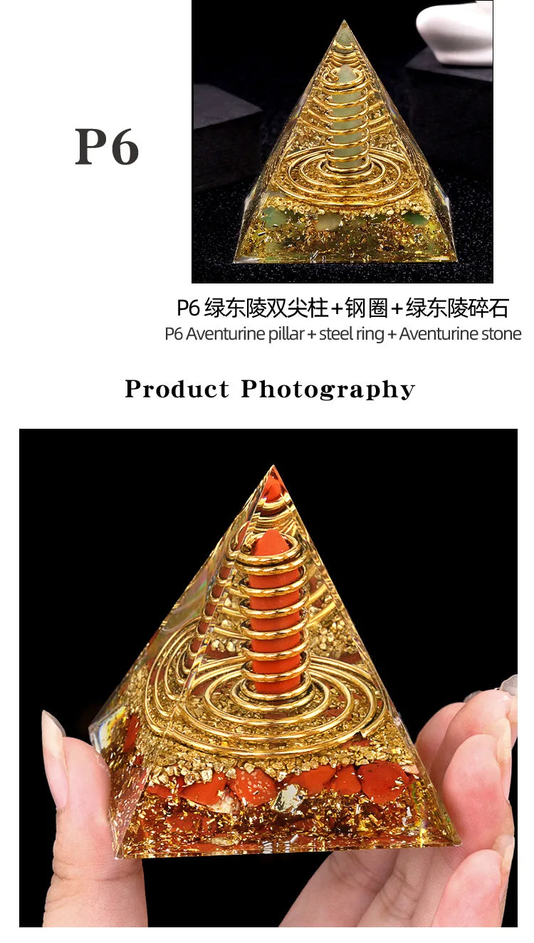 Natural Crystal Energy Generator Pyramid Peridot Gold Sandstone Reiki Healing Resin Pyramid Egyptian Room Decoration 6x6cm