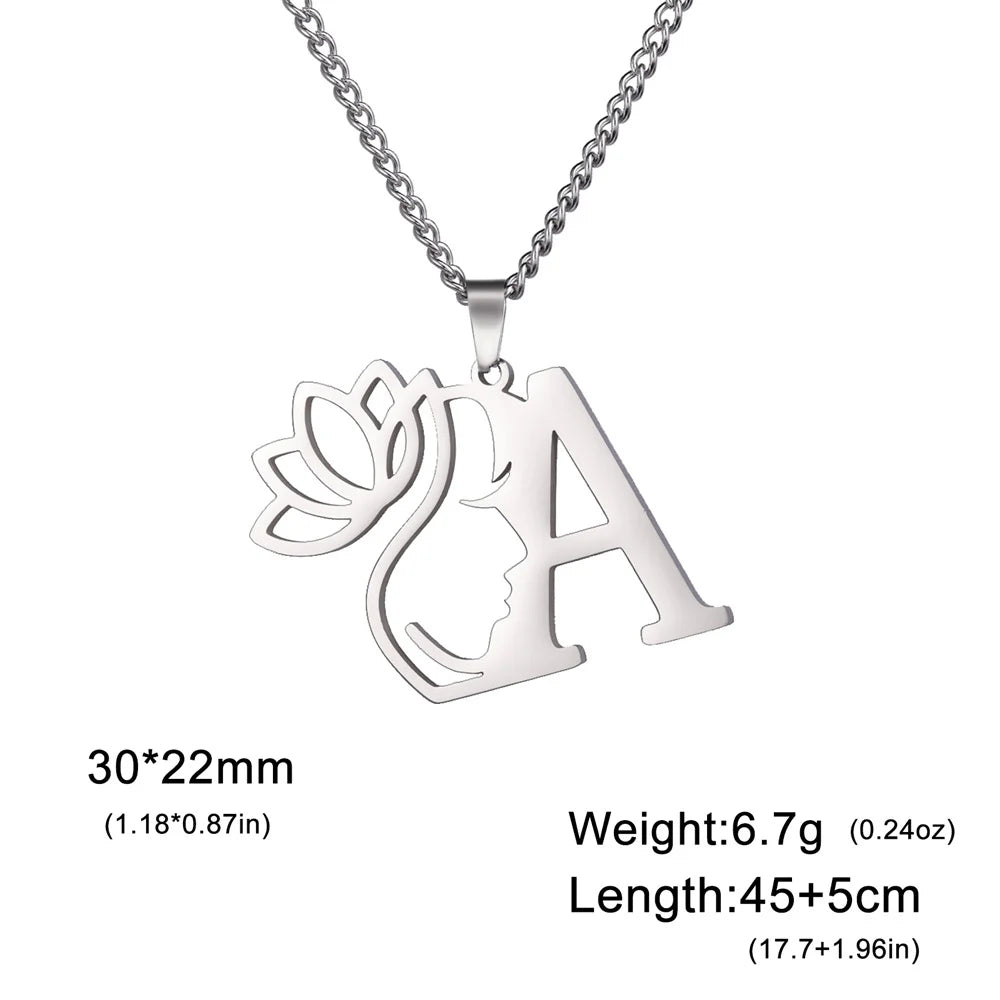 My Shape Beauty Lotus Flower Initials Necklace Women Girl Gifts Stainless Steel Letter Alphabet Pendants Choker Fashion Jewelry