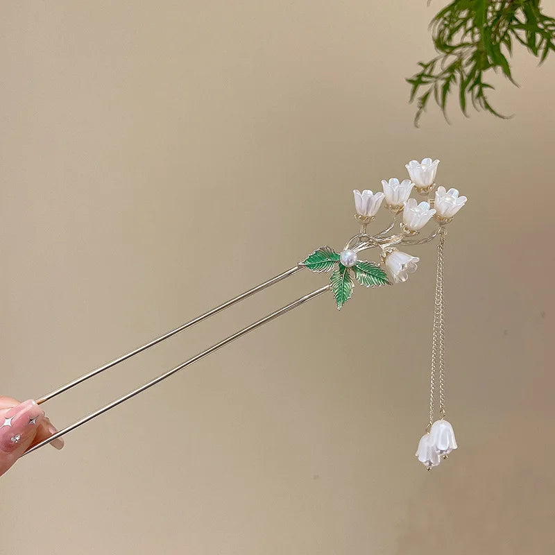 Elegant Chinese Style Hair Accessory Romantic Enameled Flower Tassel Hair Clip Alloy Jewelry Hairpin For Women Fashion Hairpin