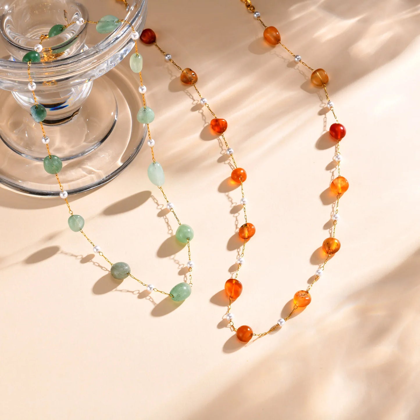 Boho Necklace Beach Irregular Natural Stone Necklaces for Women Stainless Steel Imitation Pearl Jade Necklace Jewelry Gift